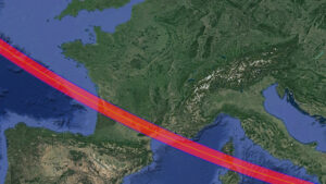 Zone de visibilité de l'occultation d'étoile par l’astéroïde 80 Sappho.