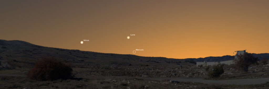Lune et Mercure au ras de l'horizon le 19 juillet 2023.