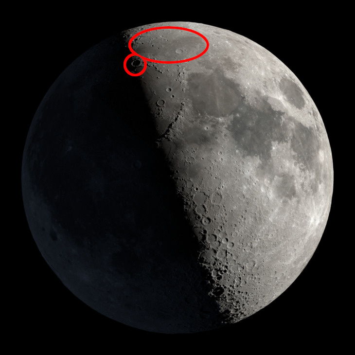 Premier quartier de Lune avec Mare Frigoris et le cratère Platon